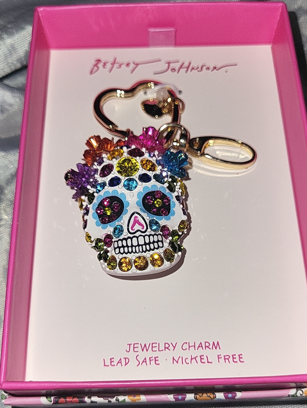 Betsey Johnson Multicolored Rhinestone Skull Keychain Bag Charm Fob BNIB